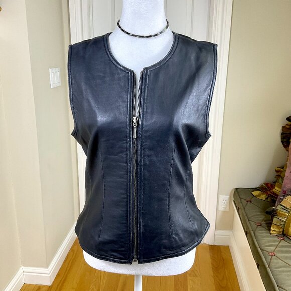 Lord & Taylor Vest Leather Black Vintage Y2K Zip Front (S) - Picture 1 of 9